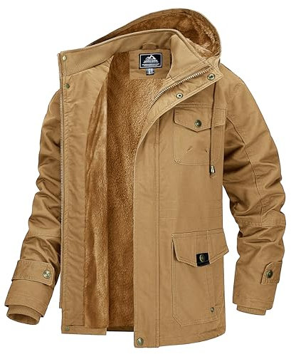 MAGCOMSEN Bomber invernale da uomo in pile, stile casual, stile militare, giacca a vento con cappuccio, cachi, XXL