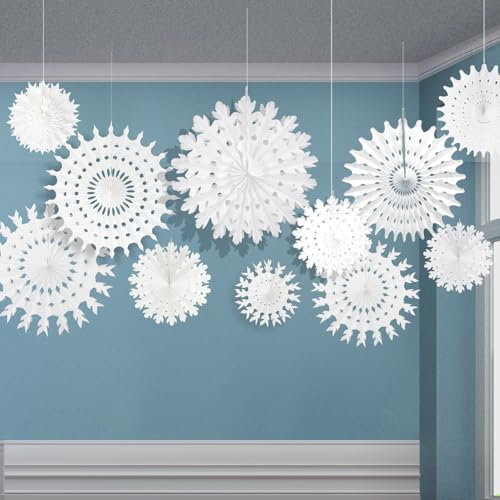 CHRORINE 16 Stck Winter Weihnachts Schneeflocken Dekoration, Papier Schneeflocken zum Aufhängen, Winter Wunderland Geburtstagsparty Dekoration, Winter Hochzeitsdekor (Gemischt 19,8–50,8 cm)