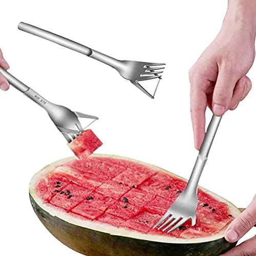 Affettatrice per anguria e tagliaverdure 2 in 1, in acciaio inox, con forchetta, per tagliare la frutta, taglia a cubetti il melone, utensile da taglio, gadget da cucina