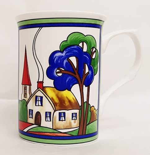 Rainbow Decors Ltd Art Deco Village Mug Fine Bone China 10.5 oz 300 ml Castle Colourful Front Back Country Scene Tea Coffee Cup Hand Decorated UK, Multicolour