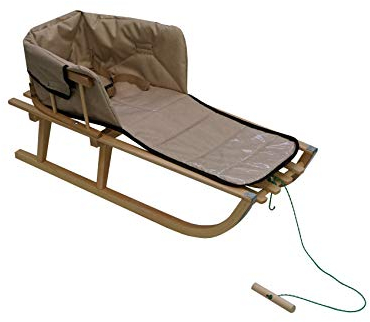 Holzschlitten für Kinder mit Rückenlehne Rodelschlitten Davoser Schlitten aus Holz mit einem Sicherheitsgurt, Rückenlehne und Winterfußsack (Natur/Beige Matratze)