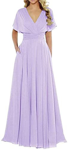 HPPEE Vestidos de dama de honor de boda, vestido formal de noche, fiesta de graduación con bolsillos para mujeres y jóvenes, Lila, 34