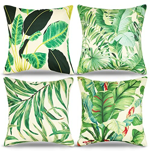 4er-Set Kissenbezug Grüne Dekokissen kissenbezüge Leinen Tropische Pflanze Blätter Dekorative Kissenhülle 40 x 40 cm Quadratische Modern Tropische Dekorativ Dekokissen Bezüge für kissensofa Deko