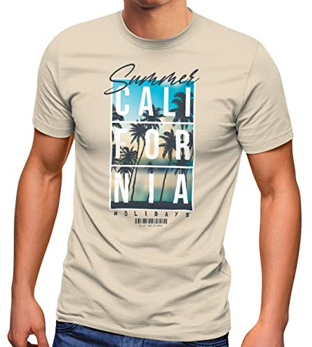 Neverless® Herren T-Shirt Summer California Holidays Sommer Palmen Foto Print Aufdruck Schrfitzug Fashion Streetstyle Natur L