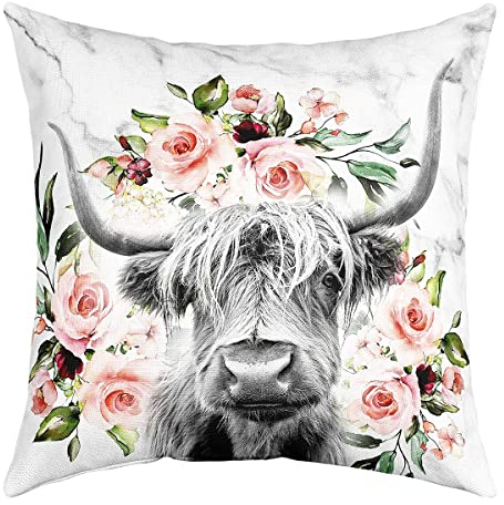 Hochland Kuh Blume Kissenbezug 50 x 50 cm Stiervieh Wurfkissenbezug für Bett Sofa Couch Western Lustigen Tieren Dekorativer Akzent Kissenbezug Wildtier Bauernhaus Kuh Rosengrauer Marmor Kissenbezug