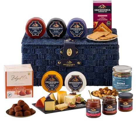 Snowdonia Cheese Company | Cheeseboard Hamper | 5 Snowdonia Cheese Truckles, 3 Chutneys, Chocolate Salted Caramel Truffles, Nuts and Fig & Cranberry Crackers