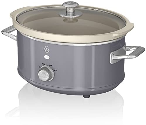 Swan Retro SF17021GRNEU Slow Cooker 3,5L Contenitore di Cottura Rimovibile, Ceramic Non-Stick PFOA & PTFE Free, 3 Livelli di Temperatura, Coperchio di Vetro, Design Vintage, Grigio, 200W