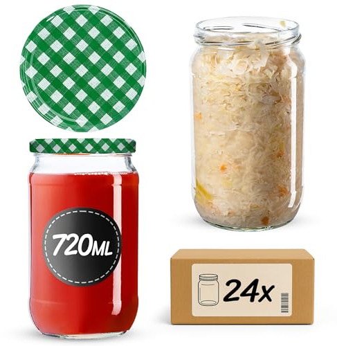 KADAX 24er Set Einmachgläser 720ml TO82 Grün kariert, Große Sturzgläser mit Schraubdeckel, Einkochgläser Fermentierglas für Gurken, Gemüse, Sauerteig