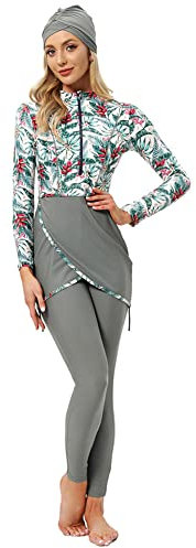 IBTOM CASTLE Muslimische Badeanzug Damen, Burkini Muslim, Ganzkörper Badeanzug Damen, Hijab Badeanzug Damen, Bescheidene Modest Muslim Swimwear Langarm Top+Hosen+Hijab 3 Stücke Set Grau+Blume XXL