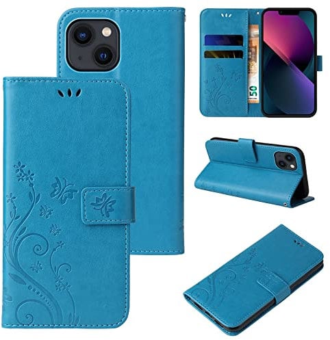 LBH Étui de protection pour téléphone portable Apple iPhone 13, motif papillons, fleurs et fleurs, fonction support magnétique, protection complète, à rabat à 360 °, bleu, LBHF1-IP13-BL1