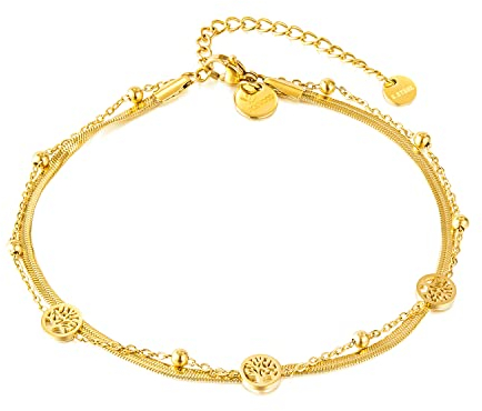 VICKWOOD Damen Fußkettchen Lebensbaum aus Edelstahl Kette bis 30cm Lang 18K Vergoldung Wasserfest in Gold/Rose Gold/Silber Geschenk für Frauen (F.Ketten_Gold)
