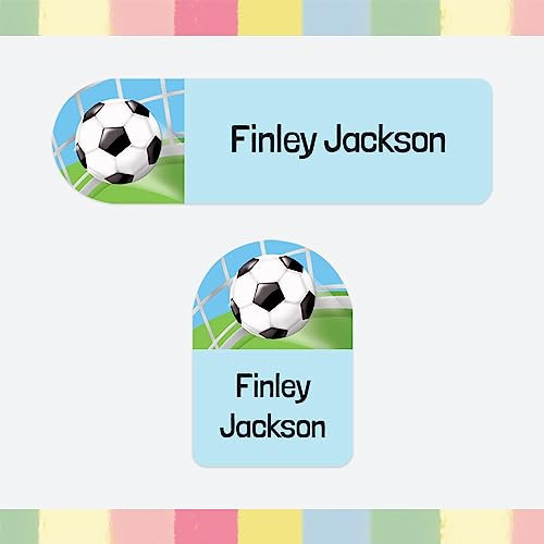 100 x Personalised Stick-On Waterproof Name Labels Pack of 2 Sizes for Clothes, Water Bottles, School Uniform, Equipment - Awesome Football Goal (SFP)