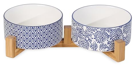 Selamica Ceramic 30 OZ Dog Bowls, Dog Food and Water Bowls with Wooden Stand, Anti-Slip Dog Dishes Set for Cats Small & Medium Sized Dogs, Weighted Pet Bowls Set of 2, Vintage Blue B