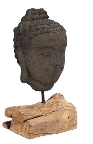 CREEDWOOD Scultura Buddha | 45 cm, Cemento | Figura di Buddha su Base di Legno, Statua Testa di Buddha, Figura Decorativa, Oggetto Decorativo Buddha, Figura Buddha