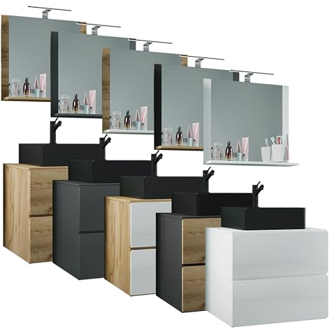 VCM 3-TLG. Waschplatz Waschtisch | schwarzes Waschbecken Unterschrank Breite 60 cm | Badmöbel Set mit Schubladen Spiegel | Lendas S BL
