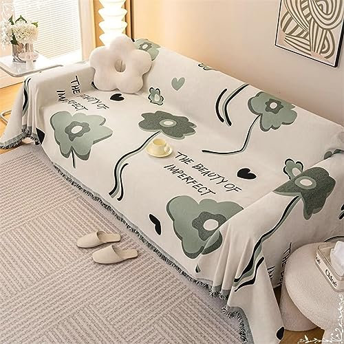 Homxi Sofabezug Zweisitzer,180x260CM,Cauchsofa Bezug Blumen mit Buchstaben und Quasten Couch Überzug Chenille Sofa Handtuch Grün Sofa Universal Bezug