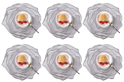 Terafeels Placemats Set of 6 Round Silver Rose Place Mats for Dining Table Pressed Vinyl Table Mats for Holiday Party Wedding Accent Centerpiece 15 Inch (Silver Rose01), 3601