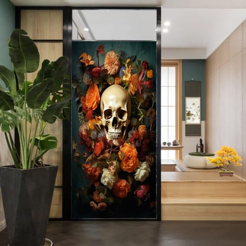 Buntglas-Fensterfolie, buntes Totenkopf-Design, abstraktes Vintage-Skelett, Sichtschutz, Fensterfolie, Glastürabdeckung, nicht klebende Fensteraufkleber für Badezimmer, Küche, 45 x 60 cm (B x L)