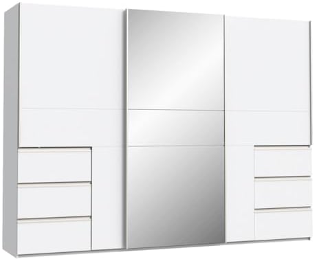 FORTE Winn 2 Schwebetürenschrank 270, moderner 2-türiger Schrank, weißer Kleiderschrank, Schlafzimmer, Kinderzimmer, Holzwerkstoff, Weiß mit Spiegel, 269,7 cm breit x 200,5 cm hoch x 61 cm tief