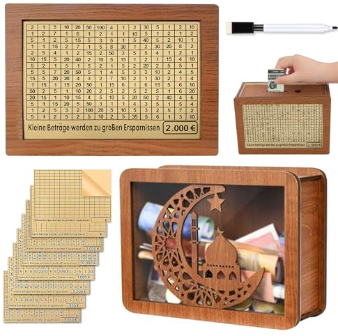 Spardose Aus Holz, Wiederverwendbare Spardose, Retro Sparbüchse Aufbewahrungsbox, Sparschwein mit Marker, Sparbox für Hilft Kindern und Erwachsenen Die Gewohnheit Zum Sparen Ramadan Deko