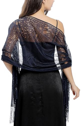 Ladiery Damen Floral Spitze Schal Stola mit Fransen für Abendkleid, Festlich Durchsichtiger Sommer Schultertuch Stole Tuch für Hochzeit Abendkleider