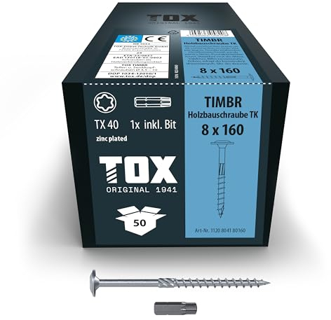 TOX Vis TIMBR TK 8,0 x 160 mm, zinguées bleues avec tête plate, TX40, vis pour un vissage facile et une capacité de charge élevée dans la construction en bois, 50 pcs, 1x embout inclus, 1120804180160