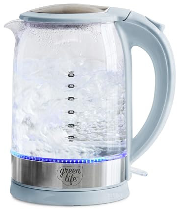 GreenLife 1.7 Liter Glass Electric Kettle, Easy One Touch Use, Quick Heating, Filtered Spout, LED Base, Auto Shut-Off, Cordless Serving, Coffee and Tea, Blue Haze