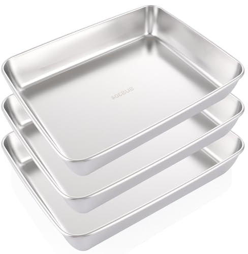 Oungy 3PCS Baking Trays for Oven Non Stick, 31x24x5.5cm Stainless Steel Oven Trays, Silver Deep Roasting Tins Baking Tray Set for Oven Kitchen Home - Dishwasher Safe