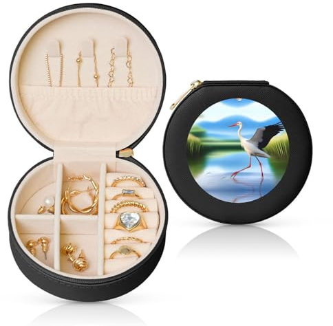 Schmuckkästchen mit Störchen im Wasser, Reise-Schmuck-Organizer, für Damen, für Halsketten, Ohrringe, Ringe, Accessoires, Aufbewahrung (schwarz, rund)