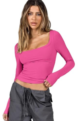 Camiseta De Manga Larga con Cuello Cuadrado para Mujer, Camiseta Informal De Color Sólido para Otoño Y Primavera,Fucsia,SG