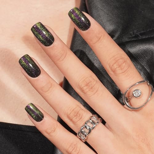 DANNI & TONI Semi Cured Nail Strips,Green Cat Eyes Soft Self-Adhesive Gel Nail Stickers,Balck Salon-Quality Gel Nail Polish Strips Manicure Stickers Set(Dark Allure) 28Pcs