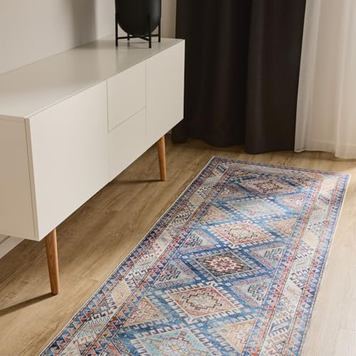 benuta Basic Waschbarer Teppich George - Blau 80x240 cm - Kunstfaser - Läufer & im Style: Vintage, Elegant, Retro - Pflegeleicht für Wohnzimmer Schlafzimmer Flur