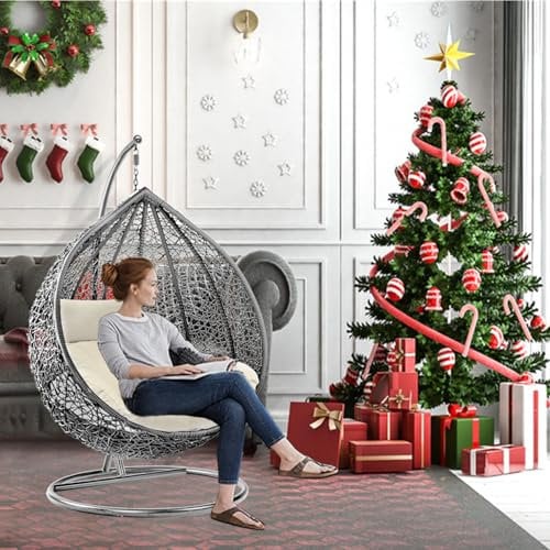 GadgetHaven Egg Chair - Outdoor Hanging Chair with Weather-Resistant Rattan, Thick Cushion & Steel Frame - Modern Patio Furniture for Garden, Balcony & Poolside (Grey Egg Chair & White Cushion)