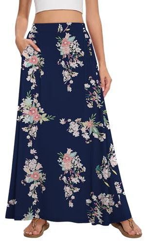 Leafsay Maxi-Sommerrock für Damen, A-Linie, elastisch, hohe Taille, fließender Rock mit Taschen, Rosa, Blumenmuster, Marineblau, Mittel