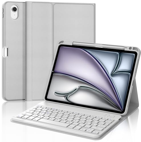 WAVATA Hülle Tastatur für iPad Air 11 Zoll M4 2026/M3 2025/M2 2024, Tastatur für iPad Air 11 Zoll Magnetische Bluetooth Kabellose Abnehmbare QWERTZ Layout, Hellgrau