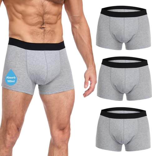 Slips d'incontinence pour hommes - Capacité d'absorption de 100 ml, boxers lavables pour hommes, sous-vêtements d'incontinence en coton, anti-fuites pour la nuit et une utilisation active