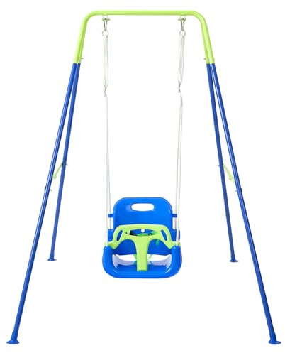 FUNLIO 3-in-1 Swing Set for Toddler with 4 Sandbags, Heavy-Duty Kid Swing Set with Safety Harness for Indoor/Outdoor Play, Folding Metal Stand & Instruction, Easy to Assemble & Store - Blue & Green