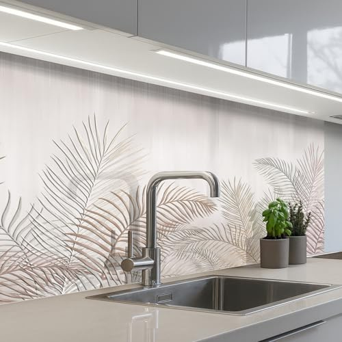 KitchenYeah© Rückwand Küche Rückwandschutz Selbstklebend Spritzschutz | 60x100 cm - Küchenrückwand Küchenfront Küchen Selbstklebende Küchenrückwände Blätter - Beige - Botanisch - Vintage