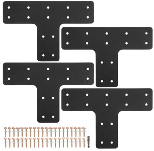 Sosoport 4pcs T-Shaped Heavy Duty Flat Mending Plate Brackets with 56 Screws and Socket, Black T Post Mounting Plates for Wood Fence Repair and Pergola Beam Connectors