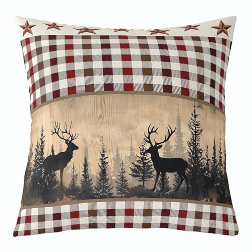 Homewish Rustikale Wald Hirsch Kissenbezug 40x40 Vorhangkabine Bauernhaus Country Lodge Kissenbezug Wald Wildtier Hirsch Jagd Kissenbezüge Erwachsene Rotbraun Buffalo Plaid Couch Dekor Kissenhülle