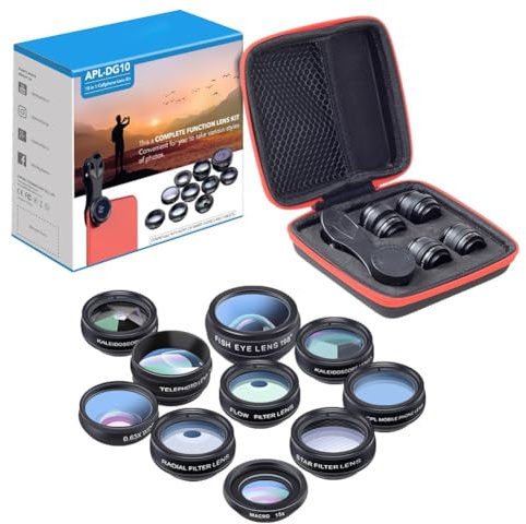 Tidevib 10 en 1 Kit d'objectifs pour téléphone portable avec objectif fisheye, grand angle, macro, téléobjectif, CPL, étoile et kaléidoscope pour la photographie de smartphone