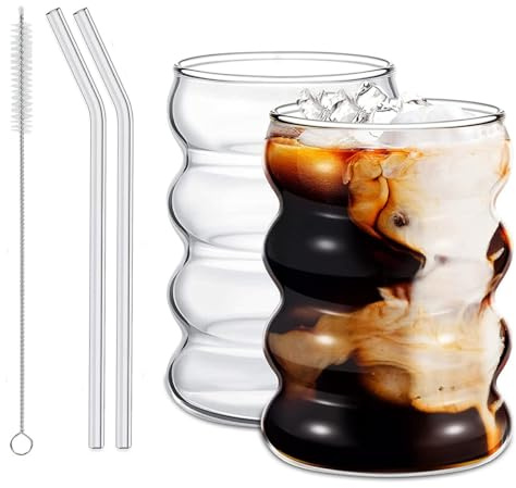 sengcengs Lot de 2 verres à latte macchiato - 320 ml - Verres à bulles avec pailles en verre - Verres à café nervurés - Pour café, jus, lait, eau, bière, etc
