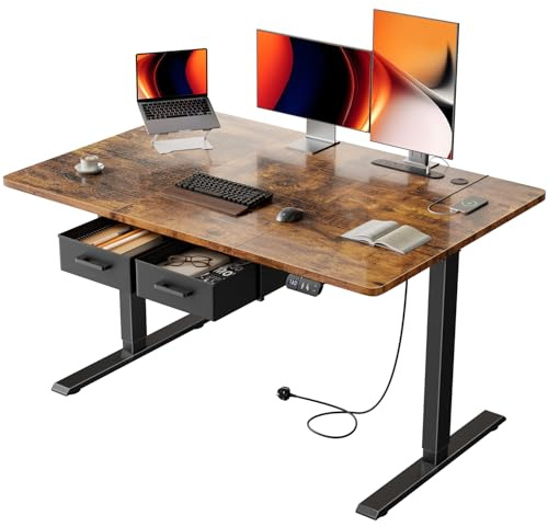 Precision Synergie 120x80cm Electric Standing Desk, 2 Drawers, Power Outlet | Height Adjustable Sit Stand Desk, 72-117 cm, 2 Memory Smart Pannel, Equipped with 3 USB Ports, Ideal for Home Office, Brown