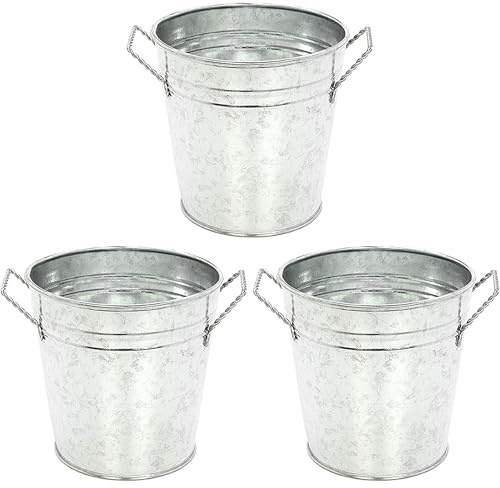 Hosley 3 Pack of Galvanized Planters 5 Dia x 4.5 H Durable Metal Plant Pots for Floral Arrangements Indoor and Outdoor Gardening with Vintage-Inspired Charm Rustic