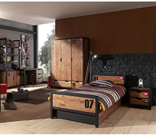 Lomadox Jugendzimmer Komplettset massiv cognacfarbig, schwarz mit Einzelbett 90x200, Nachttisch, Bettschublade, 3-türiger Kleiderschrank, Schreibtisch und Regal