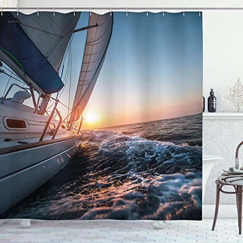 ABAKUHAUS Nautical Shower Curtain, Sail Boat in the Sea Waves Toward Sunset Marine Adventure Hobby Scenery, Cloth Fabric Bathroom Decor Set with Hooks, 70 Inches, Pale Blue Yellow