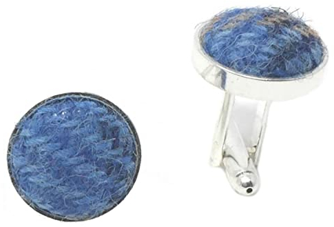 Versilberte Manschettenknöpfe mit Harris Tweed (Blau)