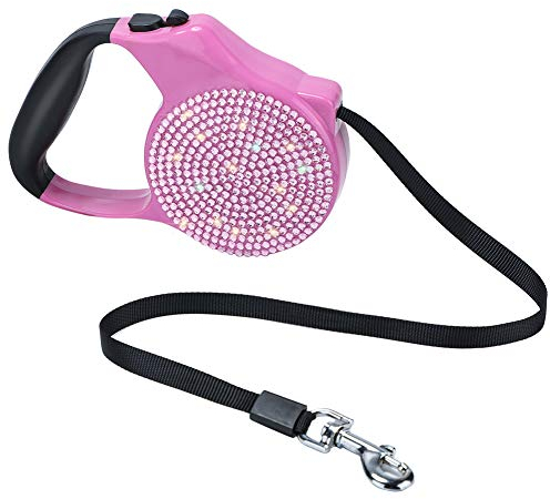 Soleebee Bling Strass 5M Roll-Leine Hunde Leine einziehbare Feste Nylonband Hundeleine mit ABS-Gehäuse und Anti-Rutsch-Griff mit Brems- / Knopfarretierung für kleine Hunde bis zu 15kg (Rosa)