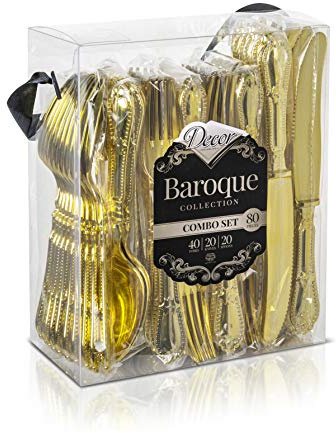 Decorline -Ventaja de 80 Piezas Pack Luxe Peso plástico Oro de Cubiertos Desechables de plástico, PS Metalizado, con Efecto Baroque