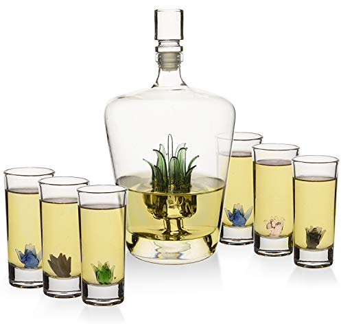 The Wine Savant Tequila Decanter Tequila Glasses Set with Agave Decanter and 6 Agave Sipping Shot Glass, Perfect for Gifts for Tequila Lovers, 25 Ounce Bottle, 3 Ounce Tequila Party (Agave)